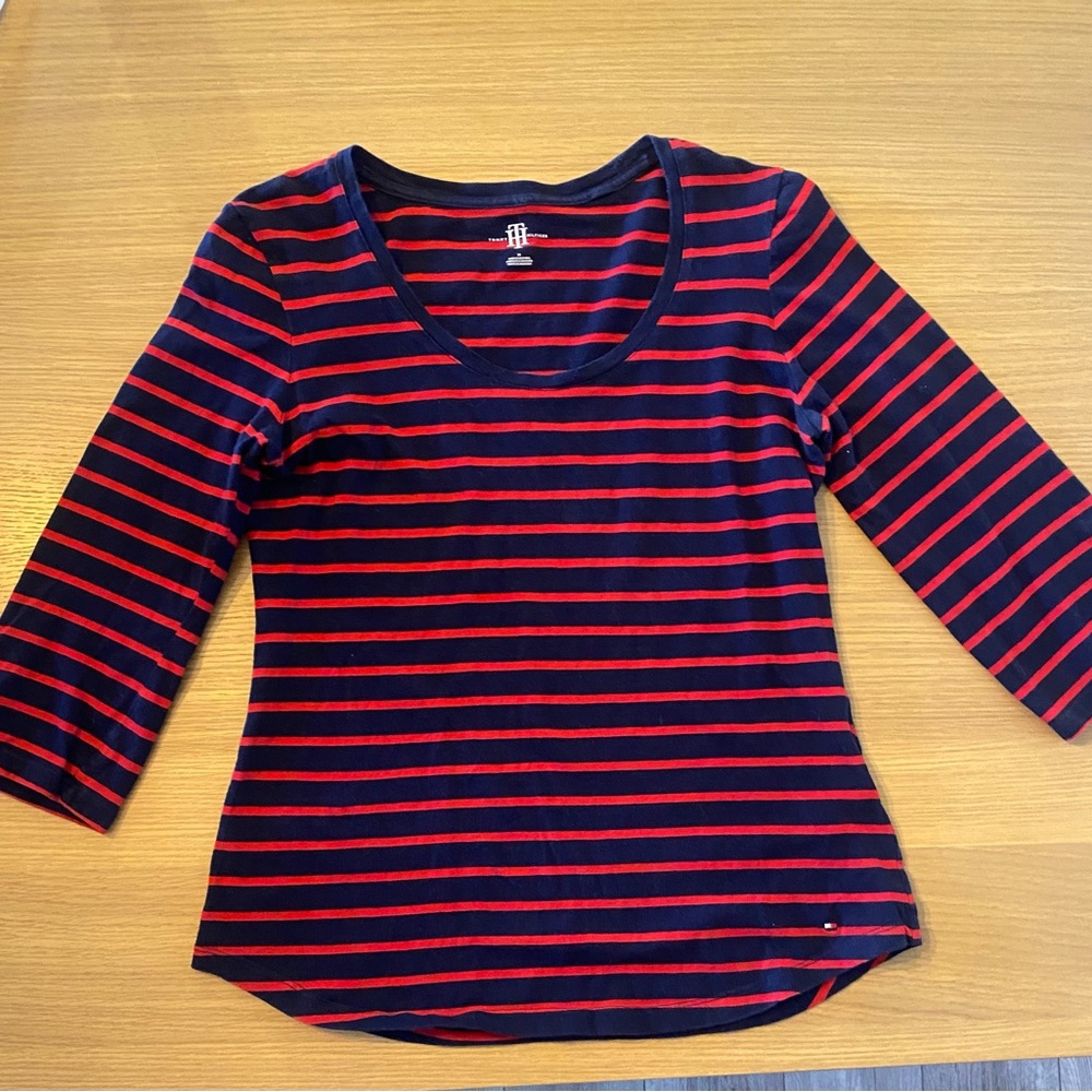 Tommy Hilfiger Blue and Red Fitted 3/4 Sleeve Tee